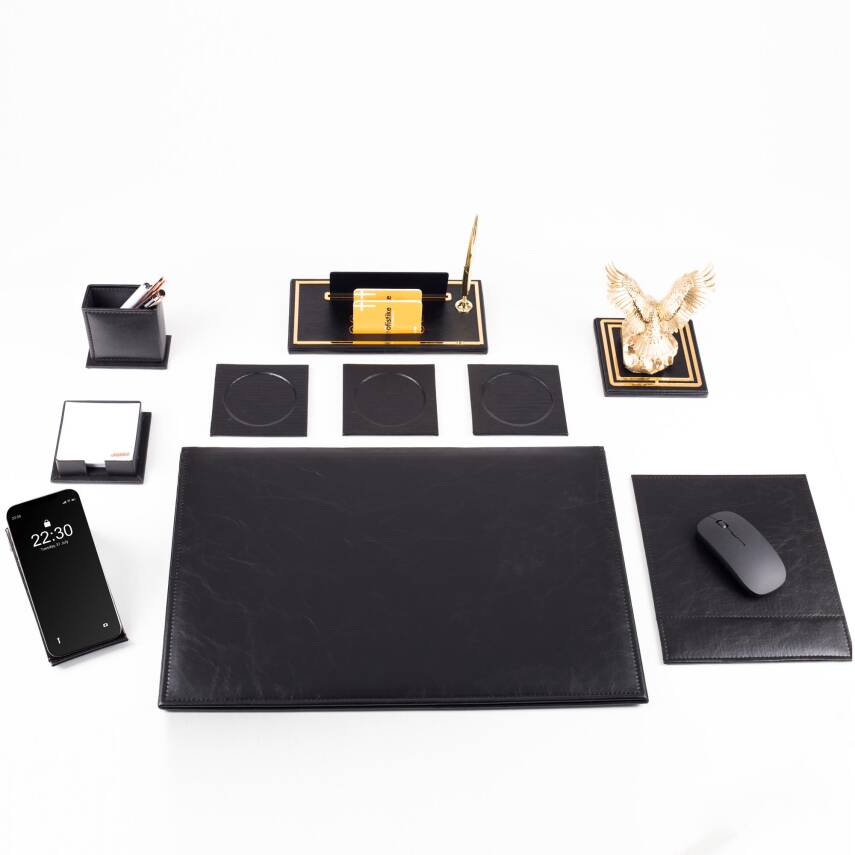 Opta 10 Parça Kartal Biblolu Siyah Deri Sümen Seti Takımı Gold Kalem Ofis Masa İsimliği Lüks İsimlik - 2