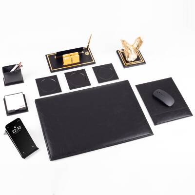 Opta 10 Parça Kartal Biblolu Siyah Deri Sümen Seti Takımı Gold Kalem Ofis Masa İsimliği Lüks İsimlik - 3