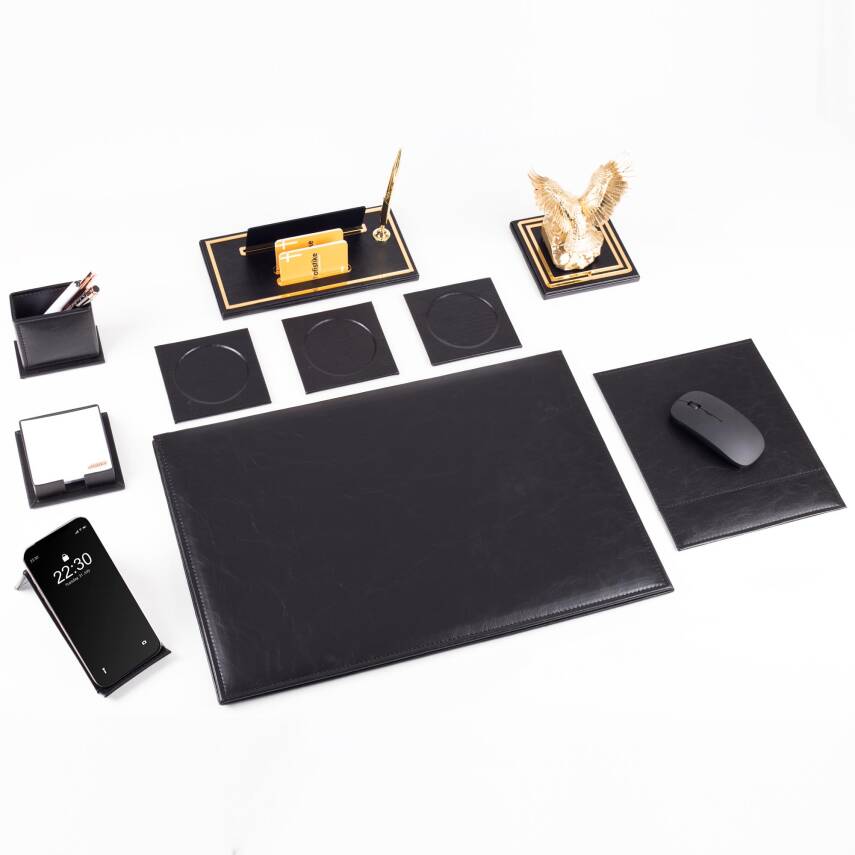 Opta 10 Parça Kartal Biblolu Siyah Deri Sümen Seti Takımı Gold Kalem Ofis Masa İsimliği Lüks İsimlik - 3