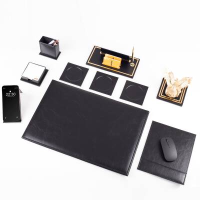 Opta 10 Parça Kartal Biblolu Siyah Deri Sümen Seti Takımı Gold Kalem Ofis Masa İsimliği Lüks İsimlik - 4