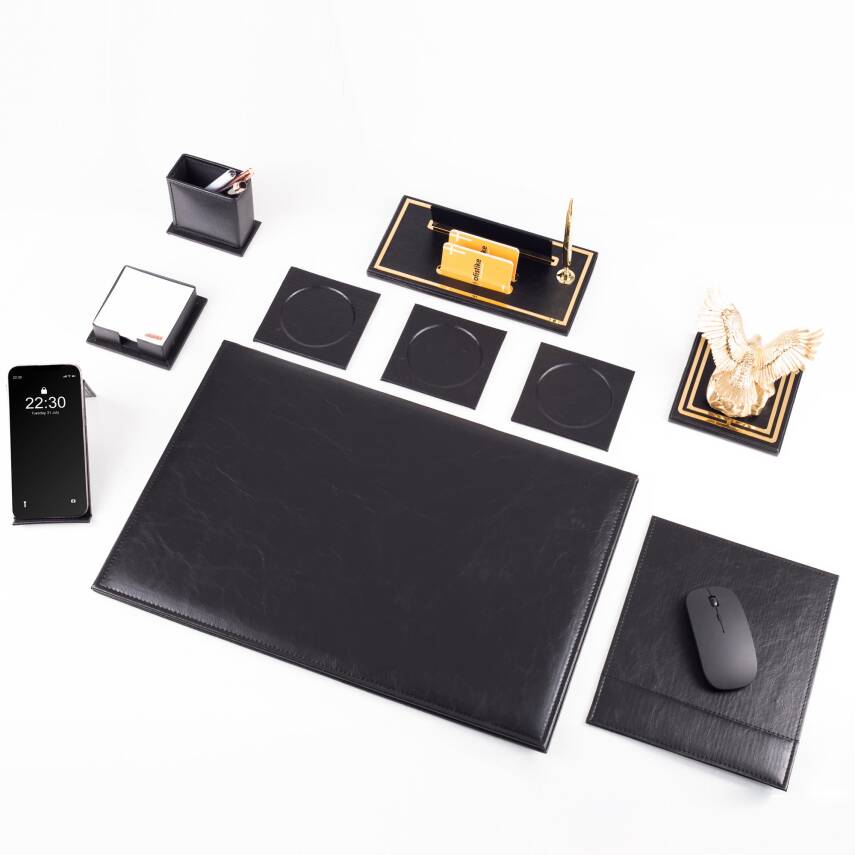 Opta 10 Parça Kartal Biblolu Siyah Deri Sümen Seti Takımı Gold Kalem Ofis Masa İsimliği Lüks İsimlik - 4