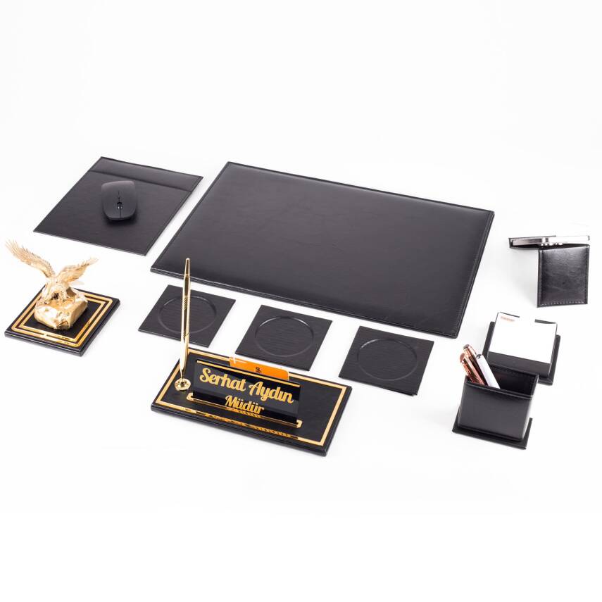 Opta 10 Parça Kartal Biblolu Siyah Deri Sümen Seti Takımı Gold Kalem Ofis Masa İsimliği Lüks İsimlik - 5