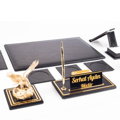 Opta 10 Parça Kartal Biblolu Siyah Deri Sümen Seti Takımı Gold Kalem Ofis Masa İsimliği Lüks İsimlik - 6