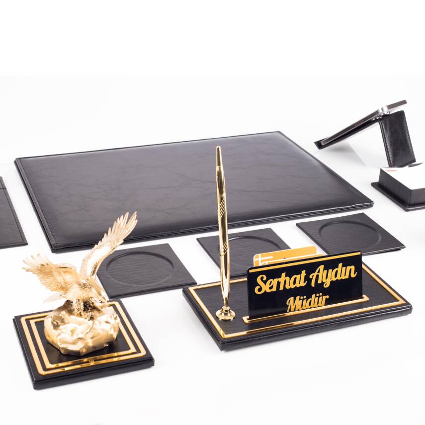 Opta 10 Parça Kartal Biblolu Siyah Deri Sümen Seti Takımı Gold Kalem Ofis Masa İsimliği Lüks İsimlik - 6