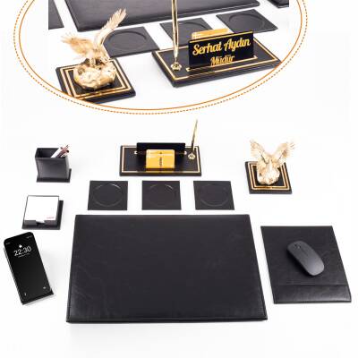 Opta 10 Parça Kartal Biblolu Siyah Deri Sümen Seti Takımı Gold Kalem Ofis Masa İsimliği Lüks İsimlik - Ofistike