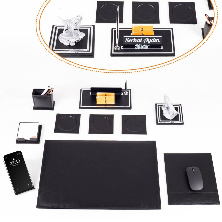 Opta 10 Parça Kurt Biblolu Siyah Deri Sümen Seti Takımı Gümüş Kalem Ofis Masa İsimliği Lüks İsimlik - 1