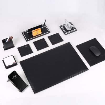 Opta 10 Parça Kurt Biblolu Siyah Deri Sümen Seti Takımı Gümüş Kalem Ofis Masa İsimliği Lüks İsimlik - 3