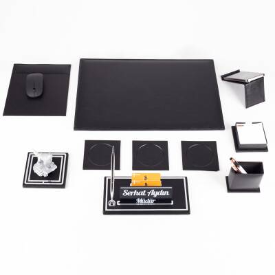 Opta 10 Parça Kurt Biblolu Siyah Deri Sümen Seti Takımı Gümüş Kalem Ofis Masa İsimliği Lüks İsimlik - 5
