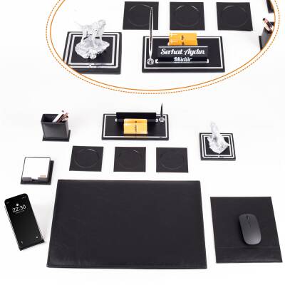 Opta 10 Parça Kurt Biblolu Siyah Deri Sümen Seti Takımı Gümüş Kalem Ofis Masa İsimliği Lüks İsimlik - Ofistike