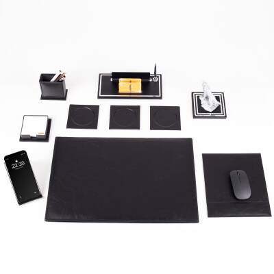 Opta 10 Parça Kurt Biblolu Siyah Deri Sümen Seti Takımı Gümüş Kalem Ofis Masa İsimliği Lüks İsimlik - 2