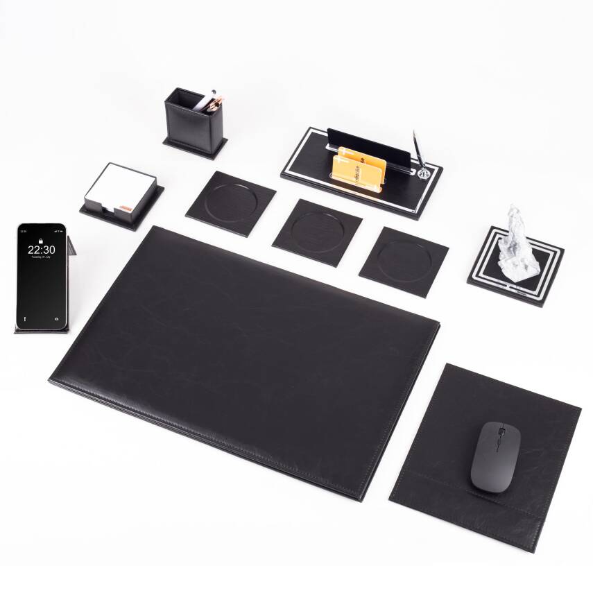 Opta 10 Parça Kurt Biblolu Siyah Deri Sümen Seti Takımı Gümüş Kalem Ofis Masa İsimliği Lüks İsimlik - 4