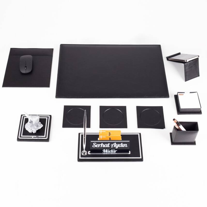 Opta 10 Parça Kurt Biblolu Siyah Deri Sümen Seti Takımı Gümüş Kalem Ofis Masa İsimliği Lüks İsimlik - 5
