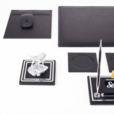 Opta 10 Parça Kurt Biblolu Siyah Deri Sümen Seti Takımı Gümüş Kalem Ofis Masa İsimliği Lüks İsimlik - 6