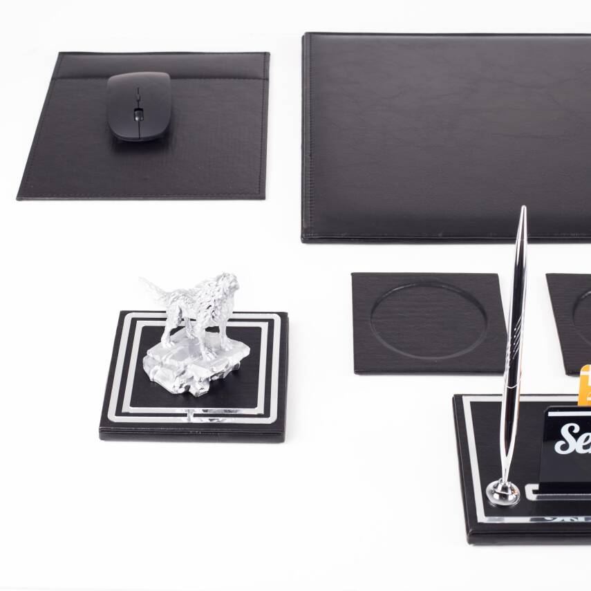 Opta 10 Parça Kurt Biblolu Siyah Deri Sümen Seti Takımı Gümüş Kalem Ofis Masa İsimliği Lüks İsimlik - 6