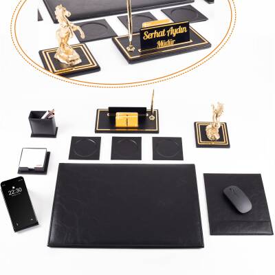 Opta 10 Parça Şahlanan At Biblolu Siyah Deri Sümen Seti Takımı Gold Kalem Ofis Masa İsimliği Lüks İsimlik 