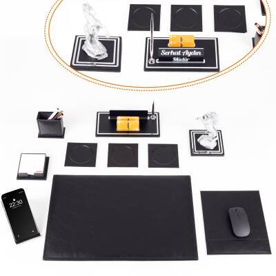 Opta 10 Parça Şahlanan At Biblolu Siyah Deri Sümen Seti Takımı Gümüş Ofis Masa İsimliği Lüks İsimlik - Ofistike