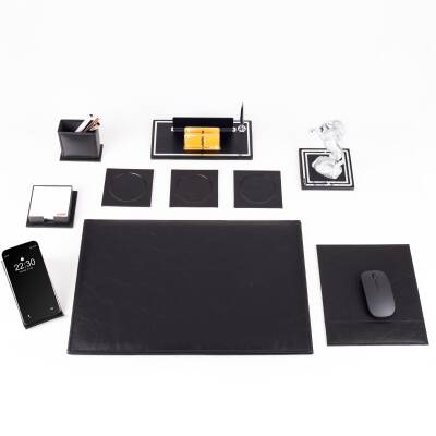 Opta 10 Parça Şahlanan At Biblolu Siyah Deri Sümen Seti Takımı Gümüş Ofis Masa İsimliği Lüks İsimlik - 2