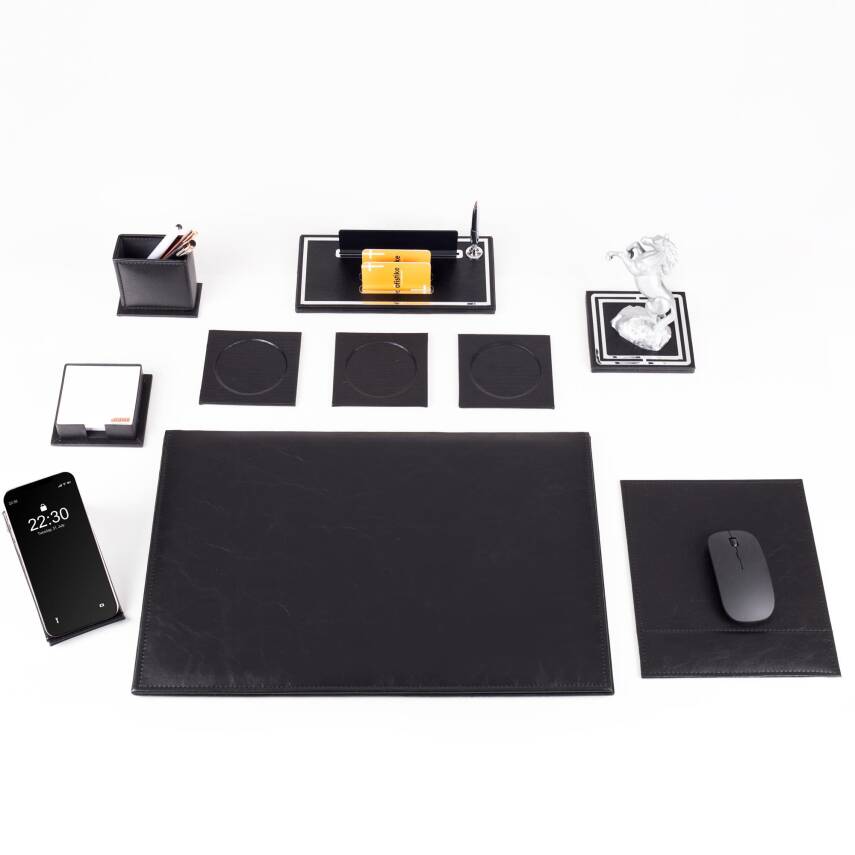 Opta 10 Parça Şahlanan At Biblolu Siyah Deri Sümen Seti Takımı Gümüş Ofis Masa İsimliği Lüks İsimlik - 2