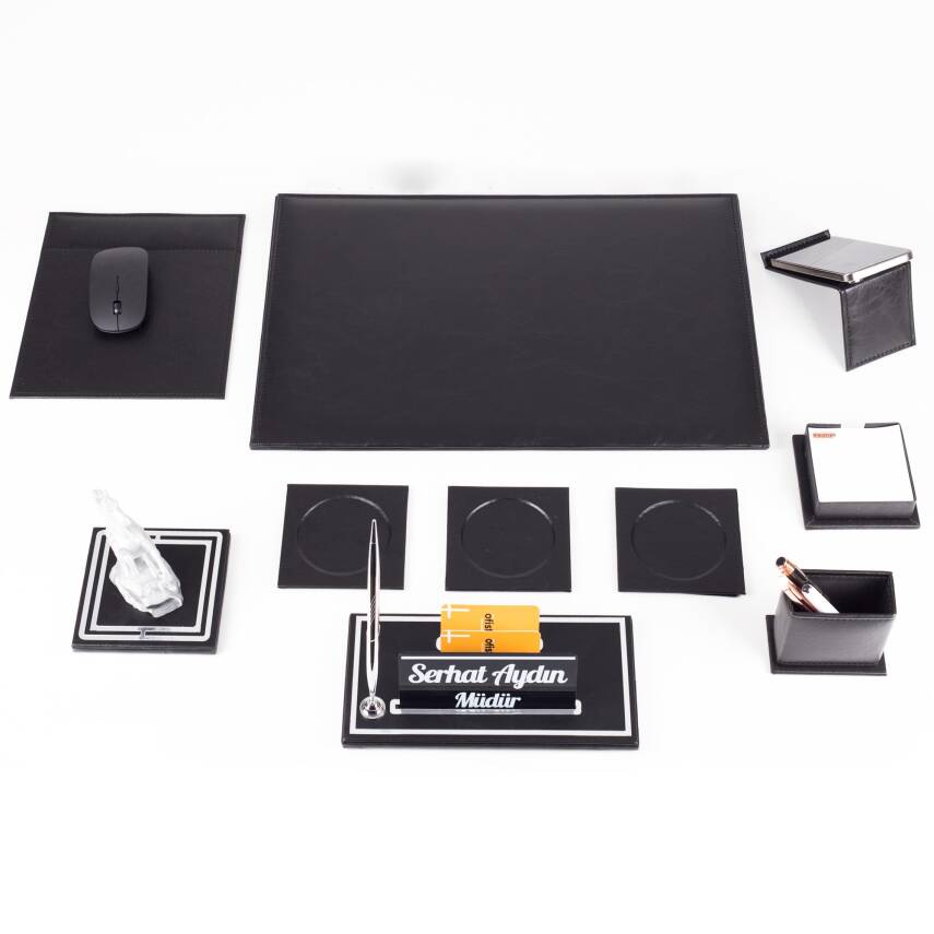 Opta 10 Parça Şahlanan At Biblolu Siyah Deri Sümen Seti Takımı Gümüş Ofis Masa İsimliği Lüks İsimlik - 5