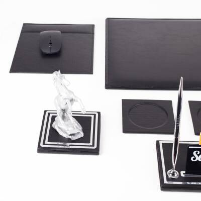 Opta 10 Parça Şahlanan At Biblolu Siyah Deri Sümen Seti Takımı Gümüş Ofis Masa İsimliği Lüks İsimlik - 6