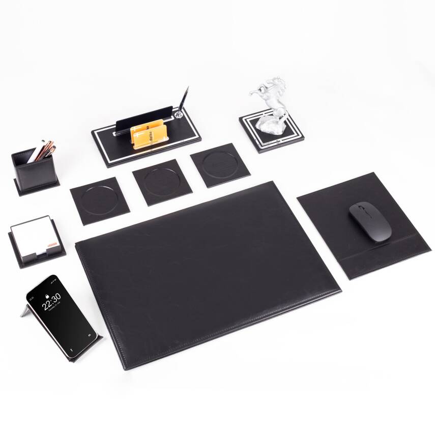 Opta 10 Parça Şahlanan At Biblolu Siyah Deri Sümen Seti Takımı Gümüş Ofis Masa İsimliği Lüks İsimlik - 3