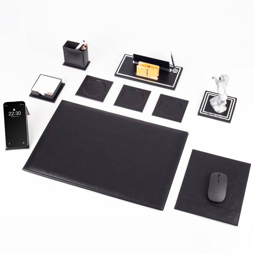 Opta 10 Parça Şahlanan At Biblolu Siyah Deri Sümen Seti Takımı Gümüş Ofis Masa İsimliği Lüks İsimlik - 4