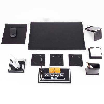 Opta 10 Parça Şahlanan At Biblolu Siyah Deri Sümen Seti Takımı Gümüş Ofis Masa İsimliği Lüks İsimlik - 5
