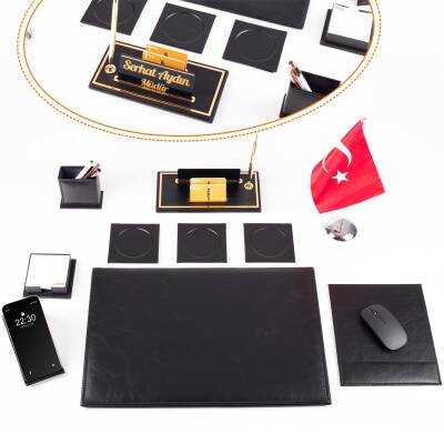 Optima 10 Parça Türk Bayraklı Siyah Deri Sümen Seti Takımı Gold Kalem Ofis Masa İsimliği İsimlik - Ofistike