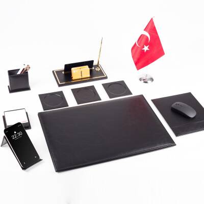 Optima 10 Parça Türk Bayraklı Siyah Deri Sümen Seti Takımı Gold Kalem Ofis Masa İsimliği İsimlik - 2
