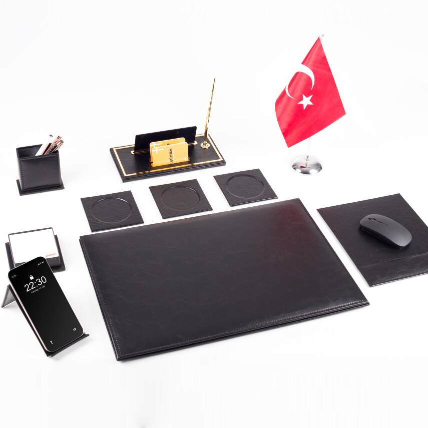 Optima 10 Parça Türk Bayraklı Siyah Deri Sümen Seti Takımı Gold Kalem Ofis Masa İsimliği İsimlik - 2