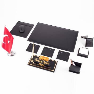 Optima 10 Parça Türk Bayraklı Siyah Deri Sümen Seti Takımı Gold Kalem Ofis Masa İsimliği İsimlik - 4