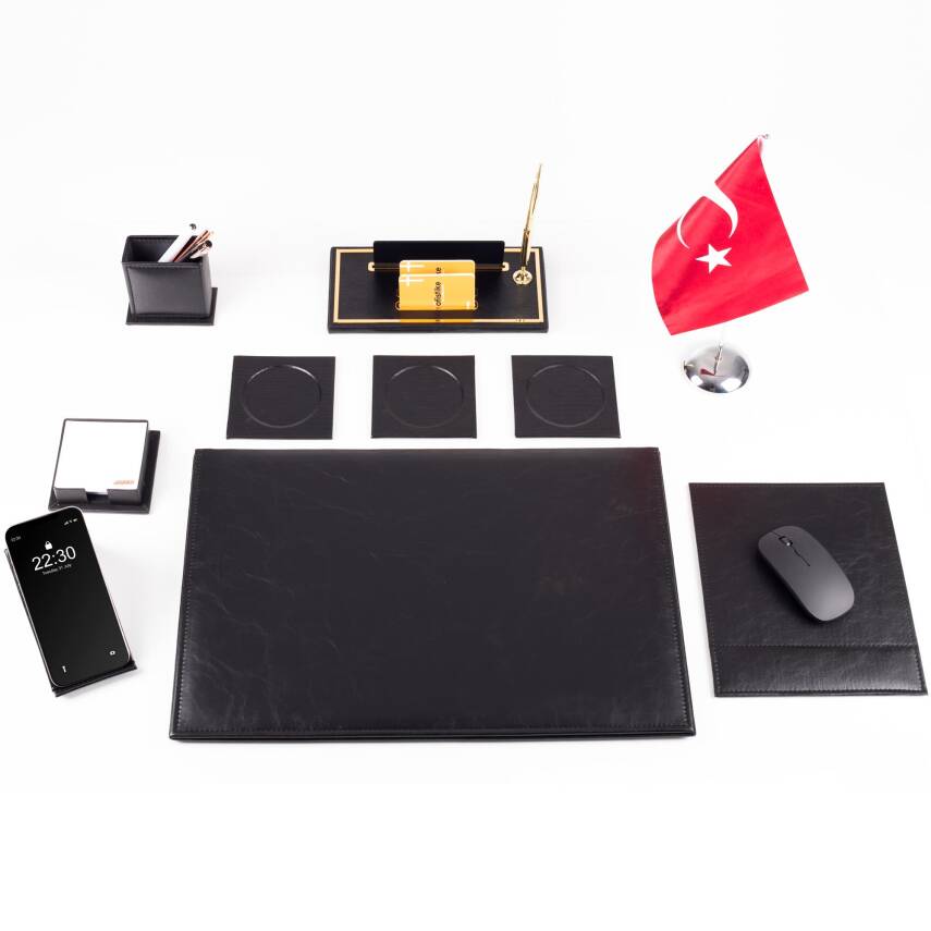 Optima 10 Parça Türk Bayraklı Siyah Deri Sümen Seti Takımı Gold Kalem Ofis Masa İsimliği İsimlik - 5