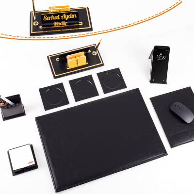 Optima 9 Parça Siyah Deri Sümen Seti Takımı Gold Kalem Ofis Masa İsimliği Kalite Masa Sümeni İsimlik - Ofistike