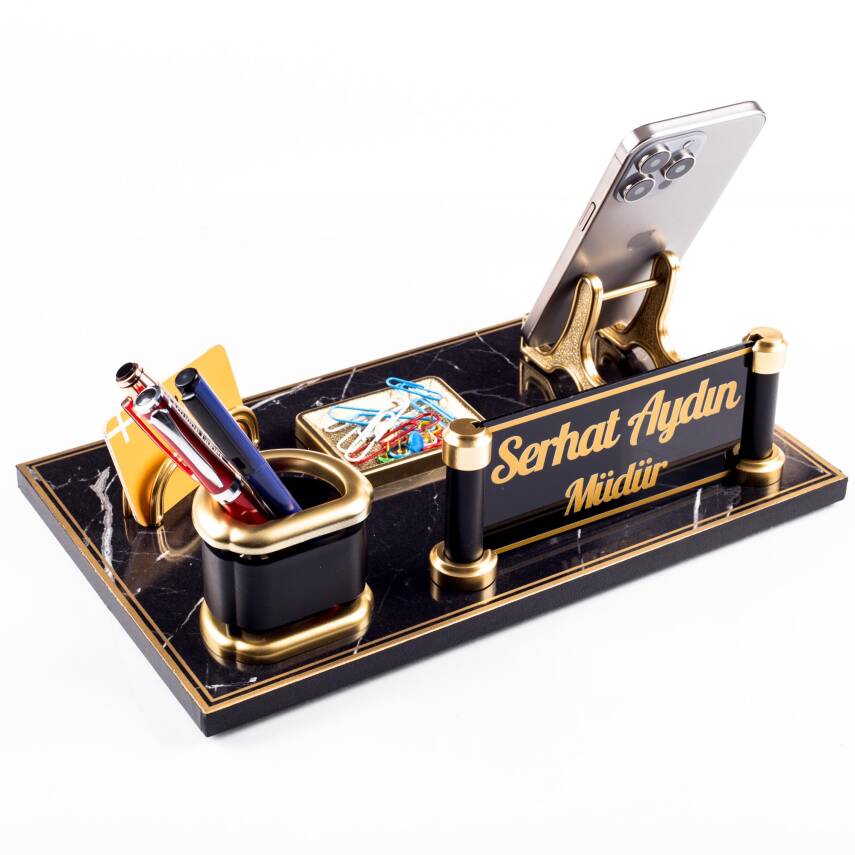 Opus Mermer Desenli Ahşap Gold Renk Masa İsimliği Ofis Masaüstü İsimlik Seti Ofis Hediye Yeni İş - 1