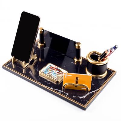 Opus Mermer Desenli Ahşap Gold Renk Masa İsimliği Ofis Masaüstü İsimlik Seti Ofis Hediye Yeni İş - 4