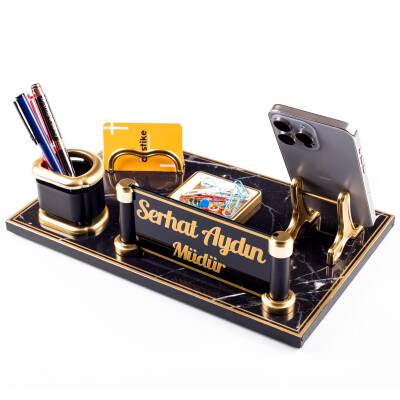 Opus Mermer Desenli Ahşap Gold Renk Masa İsimliği Ofis Masaüstü İsimlik Seti Ofis Hediye Yeni İş - 2