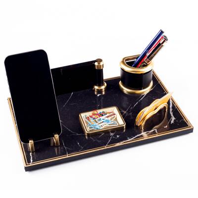 Opus Mermer Desenli Ahşap Gold Renk Masa İsimliği Ofis Masaüstü İsimlik Seti Ofis Hediye Yeni İş - 3