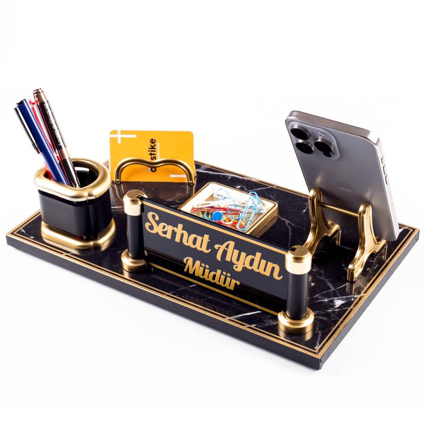 Opus Mermer Desenli Ahşap Gold Renk Masa İsimliği Ofis Masaüstü İsimlik Seti Ofis Hediye Yeni İş - 2