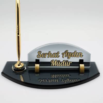 Oval Kabartma Yazılı Kristal Masa İsimliği Kalemli Masa İsimlik Füme Renk Cam Oval Kesim İsimlik - 2