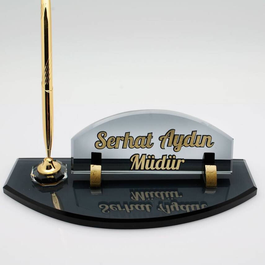 Oval Kabartma Yazılı Kristal Masa İsimliği Kalemli Masa İsimlik Füme Renk Cam Oval Kesim İsimlik - 2