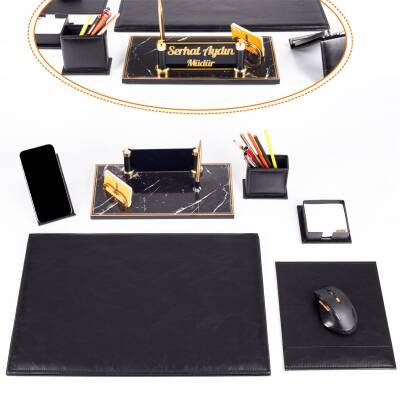 Pera Siyah Deri Sümen Takımı Gold Mermer Desen Ahşap İsme Özel Masa İsimliği İsimlik Seti - Ofistike