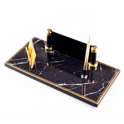 Piano Mermer Desen Ahşap Gold Kalemli Masa İsimliği Ofis Masaüstü İsimlik Seti Ekonomik İş Hediyesi - 4