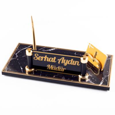 Piano Mermer Desen Ahşap Gold Kalemli Masa İsimliği Ofis Masaüstü İsimlik Seti Ekonomik İş Hediyesi - 1