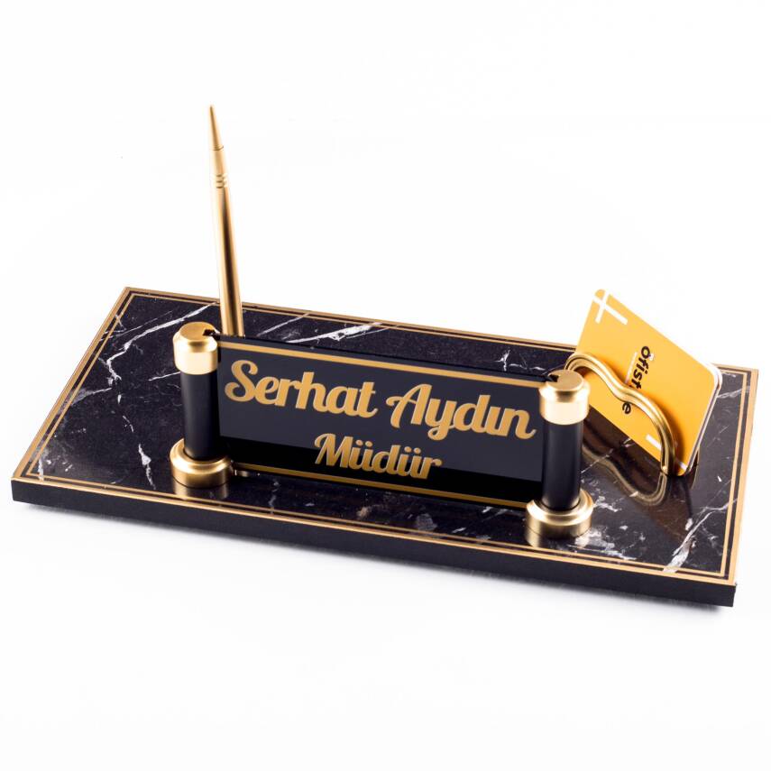 Piano Mermer Desen Ahşap Gold Kalemli Masa İsimliği Ofis Masaüstü İsimlik Seti Ekonomik İş Hediyesi - 1