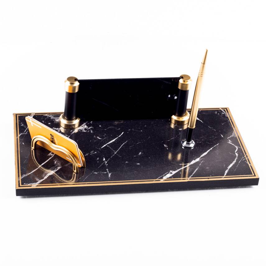 Piano Mermer Desen Ahşap Gold Kalemli Masa İsimliği Ofis Masaüstü İsimlik Seti Ekonomik İş Hediyesi - 3