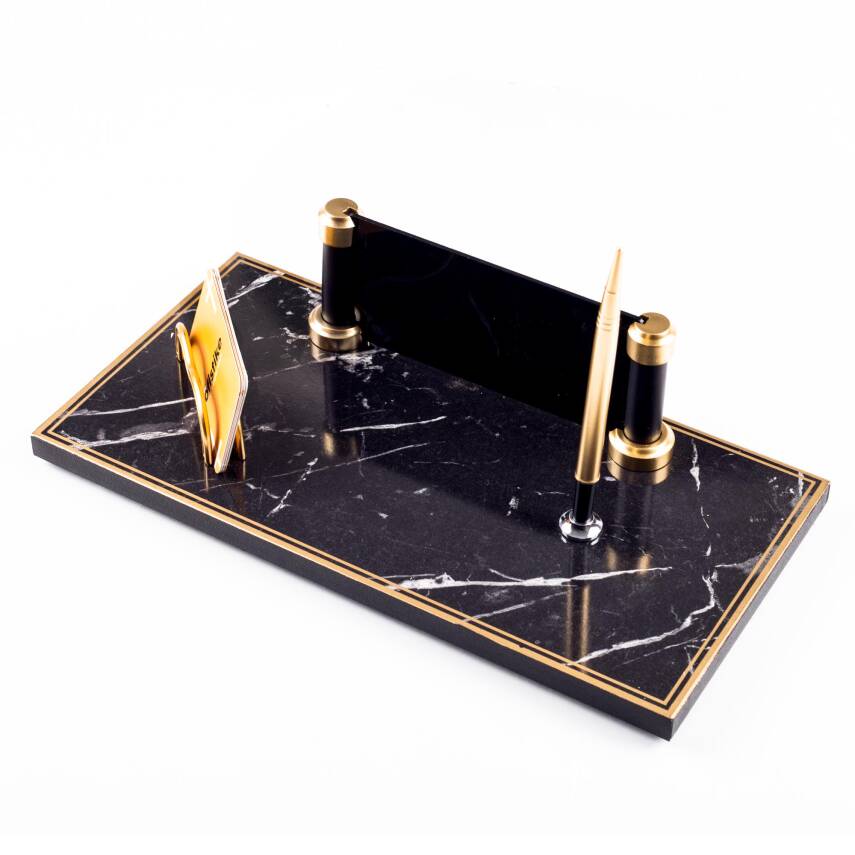 Piano Mermer Desen Ahşap Gold Kalemli Masa İsimliği Ofis Masaüstü İsimlik Seti Ekonomik İş Hediyesi - 4
