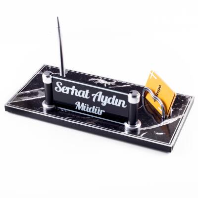 Piano Mermer Desen Ahşap Gümüş Kalemli Masa İsimliği Ofis Masaüstü İsimlik Seti Ekonomik İş Hediyesi - Ofistike