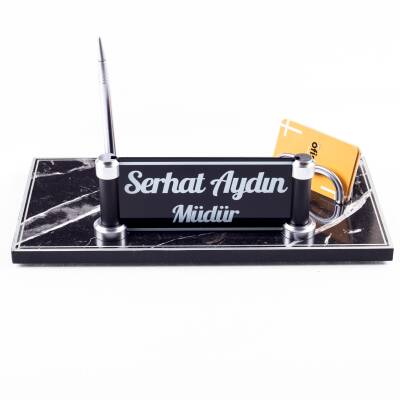 Piano Mermer Desen Ahşap Gümüş Kalemli Masa İsimliği Ofis Masaüstü İsimlik Seti Ekonomik İş Hediyesi - 4