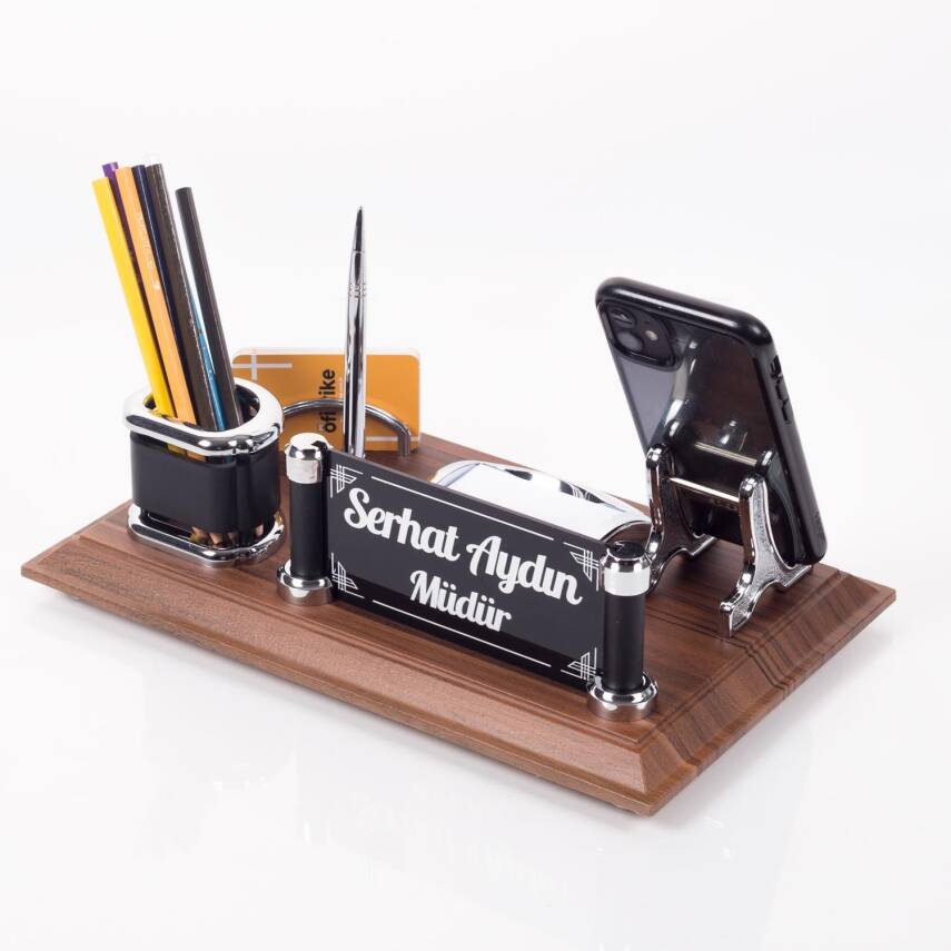 Porto Ofis Masa üstü İsimlik Seti İş Hediyesi Ahşap Masa İsimliği Masaüstü Organizer - 1