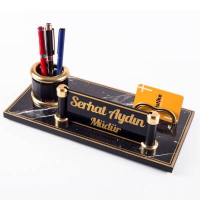 Prag Mermer Desenli Ahşap Gold Renk Masa İsimliği Ofis Masaüstü İsimlik Seti Ofis Hediye Yeni İş - Ofistike